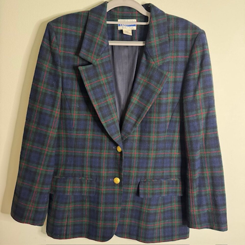 Vintage Women's Pendleton Wool Plaid Blazer Gold Buttons Size 10